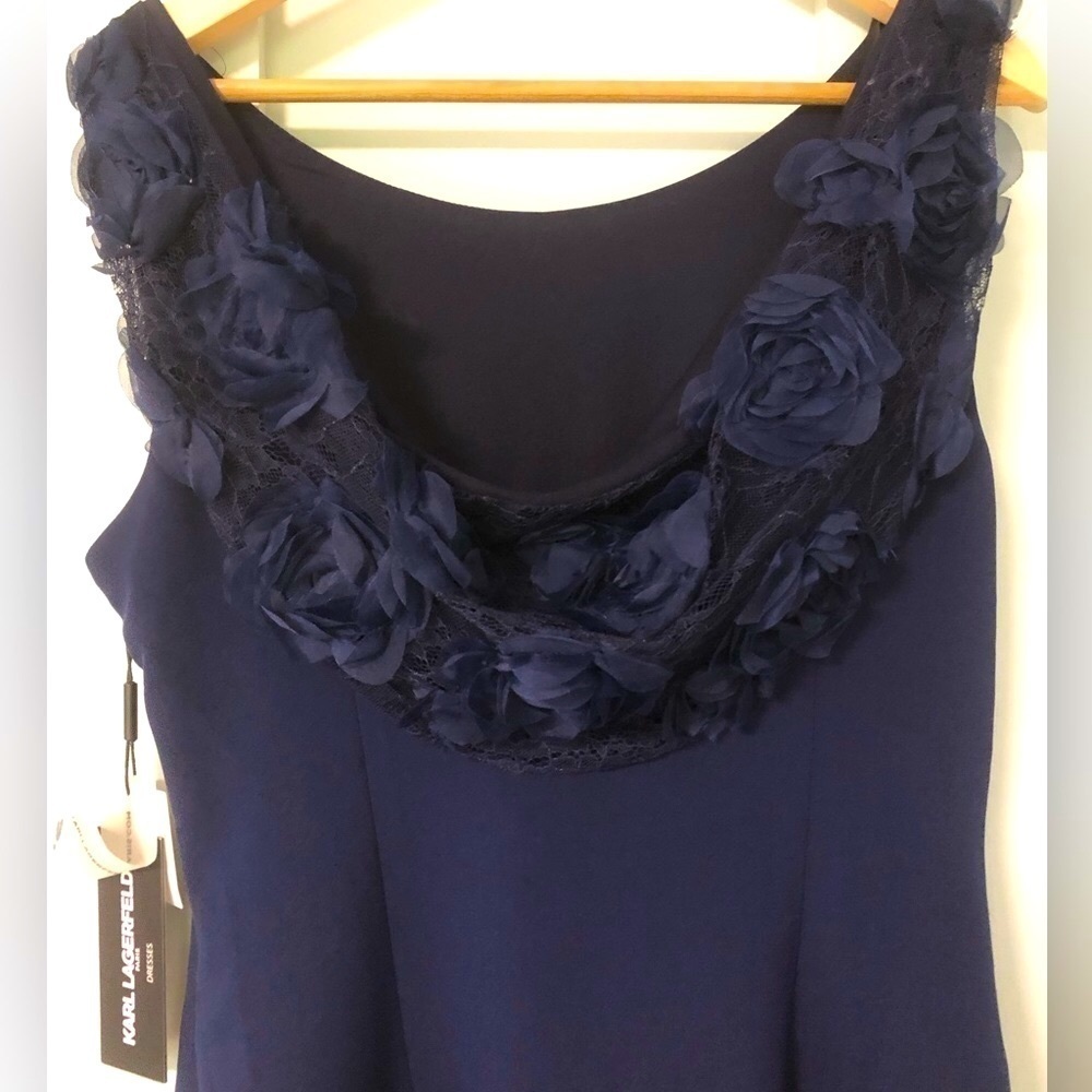 NWT Size 10 Karl Lagerfeld Navy Rosette Draped Back Cocktail Dress